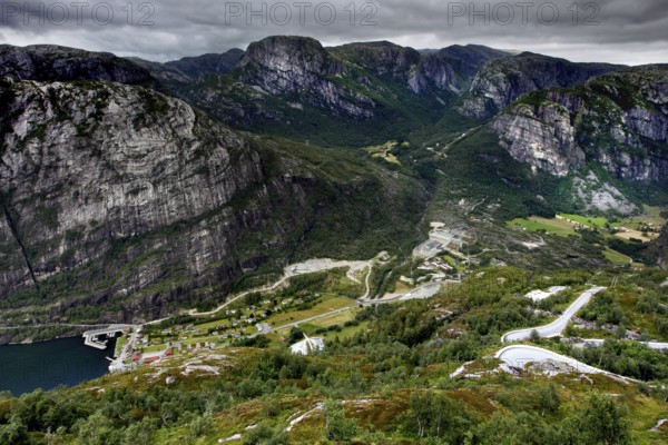 View from the panoramic restaurant Øygardstølen over the picturesque valley and surrounding countryside, Lysebotn, Lysefjord, Rogaland, Norway