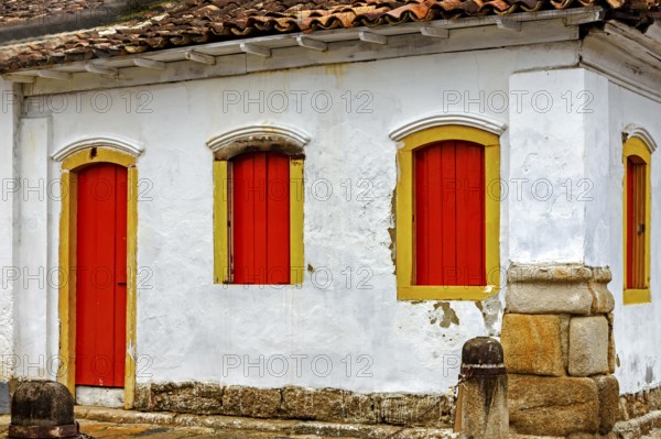 House facade with colorful doors and windows in the historic city of Paraty, Paraty, Rio de Janeiro, Brazil