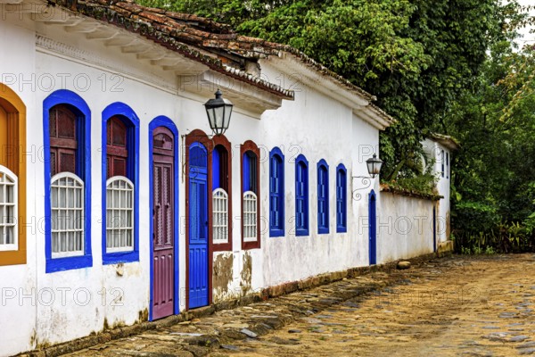 Historic street with colonial style houses in the old city of Paraty in Rio de Janeiro, Paraty, Rio de Janeiro, Brazil