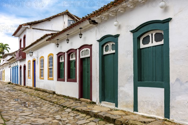Old colonial style houses on the streets of the historic city of Paraty, Paraty, Rio de Janeiro, Brazil