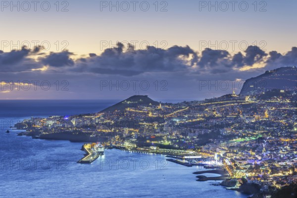 Dusk, Atlantic Ocean, harbour with cruise ships, Funchal, Madeira, Portugal