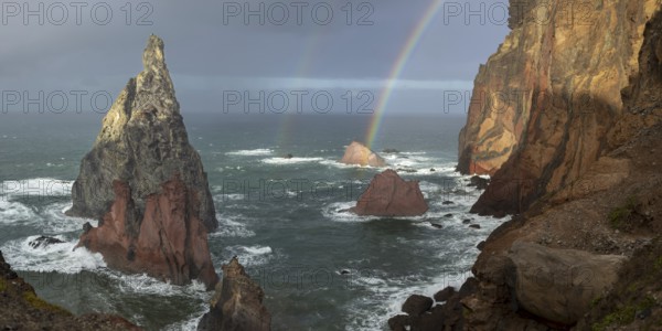 Sunset, rainbow at sea, volcanic peninsula, Ponta de São Lourenço, Ponta de Sao Lourenco, rocky coast, Punta de San Lorenzo, Madeira, Portugal