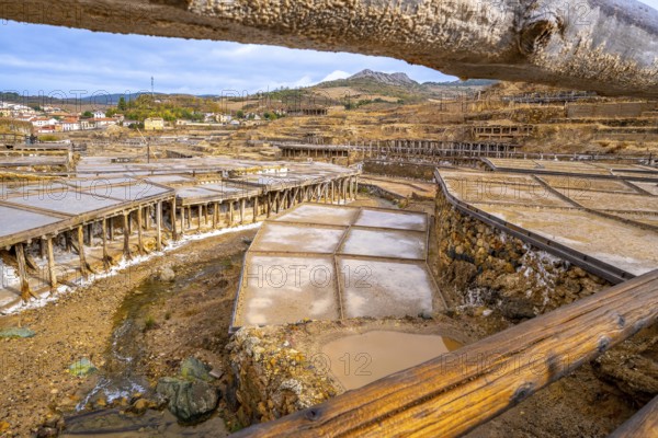 Anana salt flats in the basque country displaying an intricate system of terraces and evaporation ponds used for salt harvesting, a cultural landscape formed by centuries of traditional work