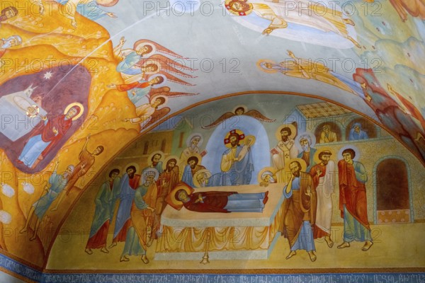 Vivid frescoes in a church depict biblical scenes with angels and saints in bright colors, domed church by Kvemo Mleta Lomis, Kvemo Mleta, Mtskheta-Mtianeti region, Georgian Military Highway, High Caucasus, Georgia