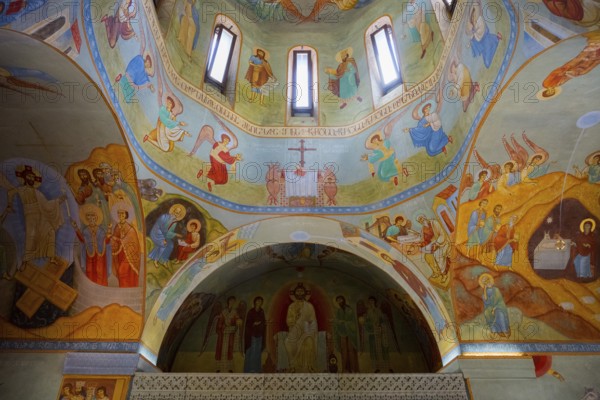 Interior of a church painted with colorful frescoes and biblical scenes in the dome, domed church by Kvemo Mleta Lomis, Kvemo Mleta, Mtskheta-Mtianeti region, Georgian Military Route, High Caucasus, Georgia