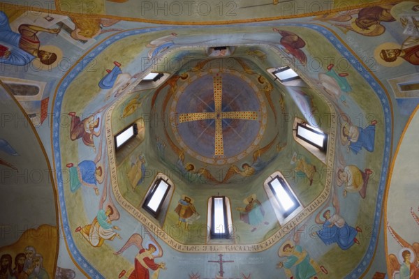 Detailed frescoes in the dome of a church depicting angels and religious figures, domed church by Kvemo Mleta Lomis, Kvemo Mleta, Mtskheta-Mtianeti region, Georgian Military Route, High Caucasus, Georgia