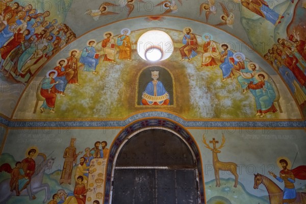 Church interior with detailed wall paintings of saints and biblical scenes, domed church by Kvemo Mleta Lomis, Kvemo Mleta, Mtskheta-Mtianeti region, Georgian Military Highway, High Caucasus, Georgia