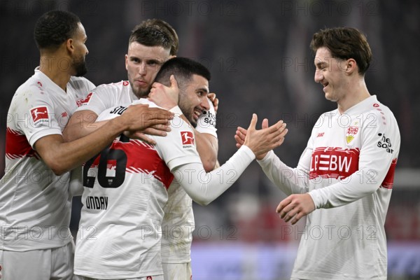 Goal celebration Deniz Undav VfB Stuttgart (26) Angelo Stiller VfB Stuttgart (06) Ermedin Demirovic VfB Stuttgart (09) Josha Vagnoman VfB Stuttgart (04) MHPArena, MHP Arena Stuttgart, Baden-Württemberg, Germany
