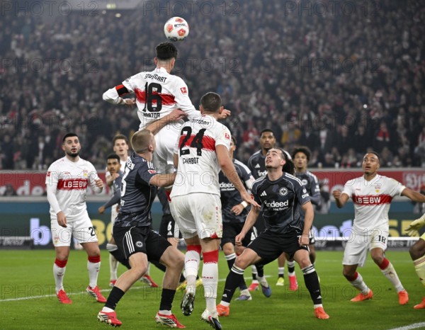 Penalty area scene, goal area scene header duel duel action Atakan Karazor VfB Stuttgart (16) Jeff Chabot VfB Stuttgart (24) Arthur Theate Eintracht Frankfurt SGE (03) Rasmus Kristensen Eintracht Frankfurt SGE (13) MHPArena, MHP Arena Stuttgart, Baden-Württemberg, Germany