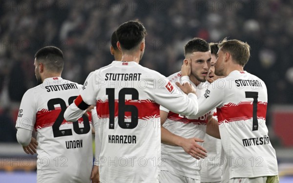 Goal celebration Ermedin Demirovic VfB Stuttgart (09) Maximilian Mittelstädt VfB Stuttgart (07) Atakan Karazor VfB Stuttgart (16) Deniz Undav VfB Stuttgart (26) MHPArena, MHP Arena Stuttgart, Baden-Württemberg, Germany
