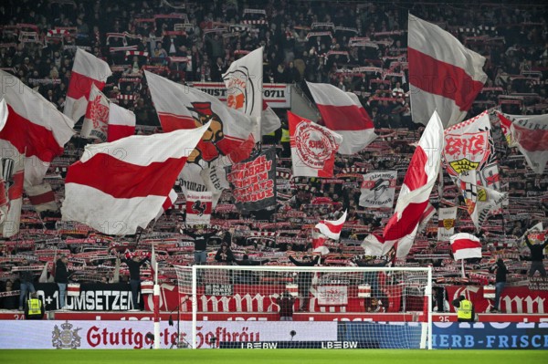 Fan block, fans, fan curve, flags, atmosphere, atmospheric Cannstatt curve VfB Stuttgart MHPArena, MHP Arena Stuttgart, Baden-Württemberg, Germany