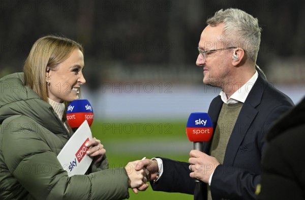 SKY presenter reporter Nele Ocik formerly Schenker interviewed microphone micro logo with CEO Alexander Wehrle VfB Stuttgart shake hands bracelet MHPArena, MHP Arena Stuttgart, Baden-Württemberg, Germany