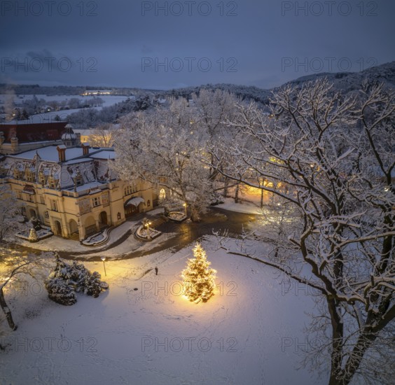 Aerial photos twilight winter theatre park with Christmas tree, Berndorf, Lower Austria, Austria