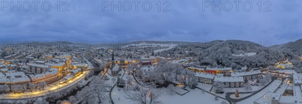 Aerial photos twilight winter Theaterpark Bahnhof and St. Mary's Church, Berndorf, Lower Austria, Austria