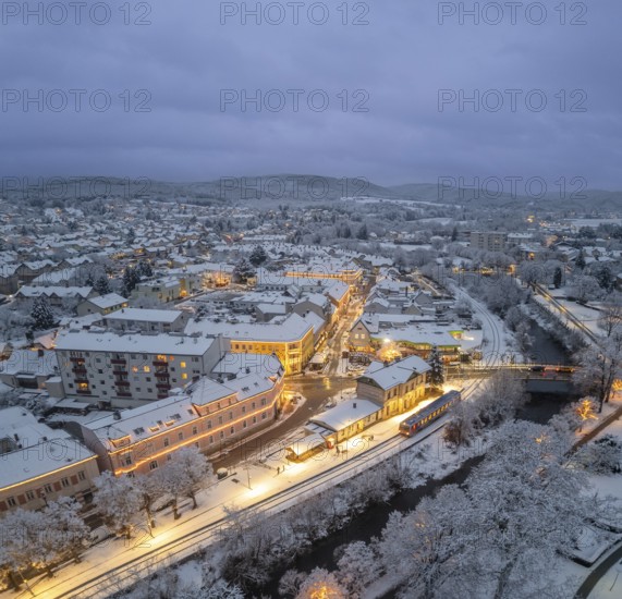 Aerial photos twilight winter train station, Berndorf, Lower Austria, Austria