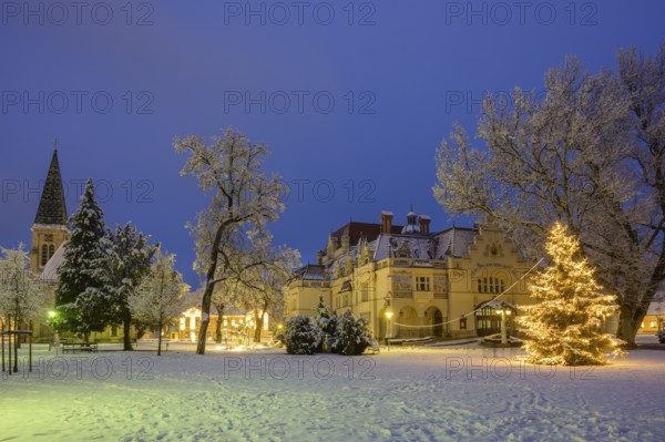 Winter in the theatre park with St. Mary's Church and Christmas tree, Berndorf, Lower Austria, Austria