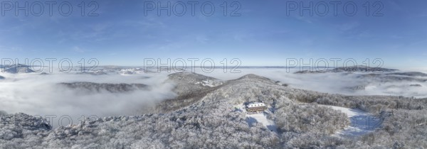Aerial view of snowy stone walls with shelter and fog in the valley, Schwarzensee, Weissenbach an der Triesting, Lower Austria, Austria