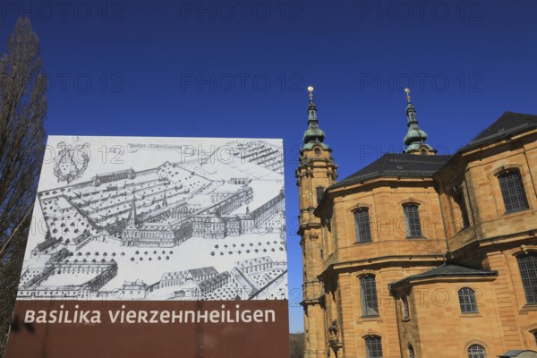 Information board about the history, pilgrimage church Basilica Vierzehnheiligen near Bad Staffelstein, Lichtenfels district, Gottesgarten region in the Upper Mainland, Upper Franconia, Bavaria, Germany