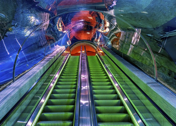 Escalator under the largest aquarium in Dohar, 6 million liters capacity, at the old port and the current cruise terminal, Doha, Qatar