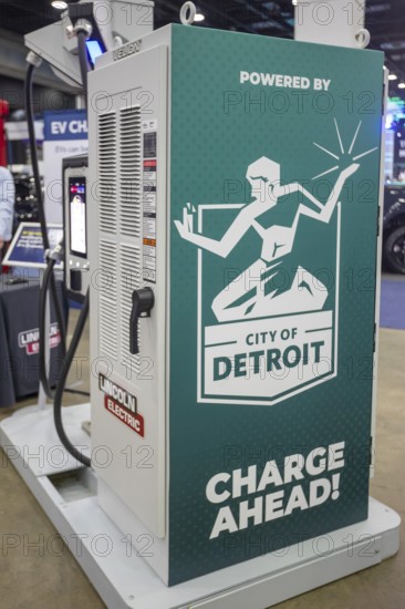 Detroit, Michigan USA - 14 January 2026 - A City of Detroit electric vehicle charging station, displayed at the Detroit Auto Show. Detroit's Charge Ahead program is installing fast charging stations across the city