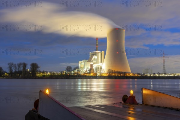 Cooling tower of the Duisburg-Walsum coal-fired power plant, operated by STEAG and EVN AG, 181 meters high, power plant block 10, water vapor cloud, on the site of the former Walsum coal mine, Duisburg, Rhine, docks of the Rhine ferries between Duisburg-Walsum and Rheinberg-Orsoy on the Lower Rhine, North Rhine-Westphalia, Germany
