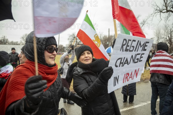 Detroit, Michigan USA - 13 January 2026 - Supporters of regime change in Iran joined protests outside the Motor City Casino as President Donald Trump spoke to the Detroit Economic Club