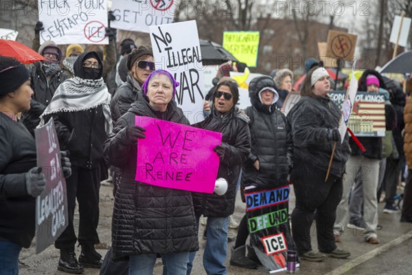 Detroit, Michigan USA - 13 January 2026 - Hundreds of protesters rallied in the rain outside the Motor City Casino as President Donald Trump spoke to the Detroit Economic Club inside