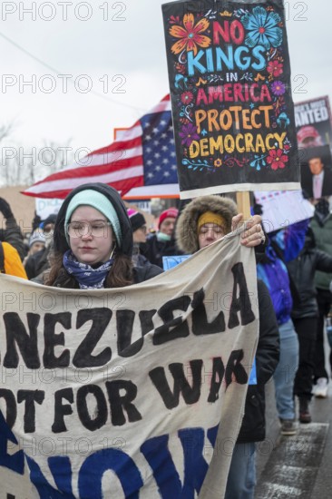 Detroit, Michigan USA - 13 January 2026 - Hundreds of protesters rallied in the rain outside the Motor City Casino as President Donald Trump spoke to the Detroit Economic Club inside