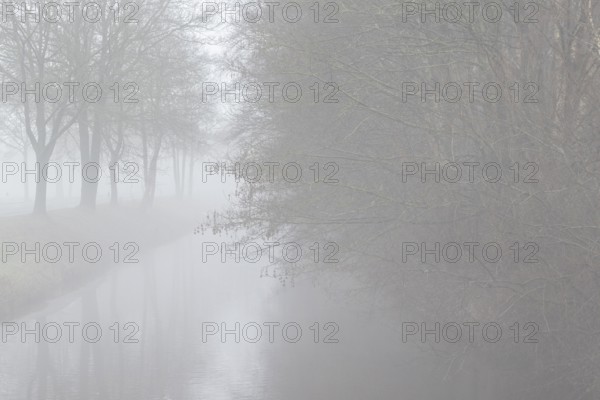 South-North Canal in fog, Emsland, Lower Saxony, Germany