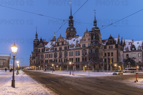 Royal Palace on a winter evening, exterior view with snow, Dresden, Saxony, Germany