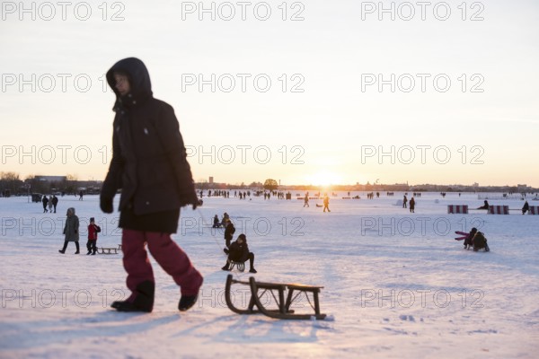 Toboggan hill at sunset on Tempelhofer Feld in Berlin on 11.01.2026