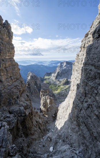 View of mountains from the Bocca degli Armi Bridge, Via Ferrata Bocciere Centrale, Brenta Mountains, Brenta-Adamello Natural Park, Trentino, Italy