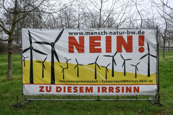 Poster against wind power, wind turbines, wind energy, near Kappelrodeck, Ortenau-Kreis, Baden-Württemberg, Germany