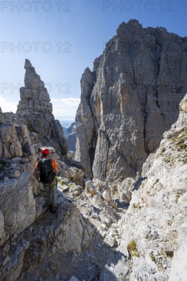 Climbers on the Via Ferrata Bocciere Centrale via ferrata, spectacular mountain landscape with steep cliffs and rock towers, Brenta Mountains, Parco Naturale Brenta-Adamello, Trentino, Italy