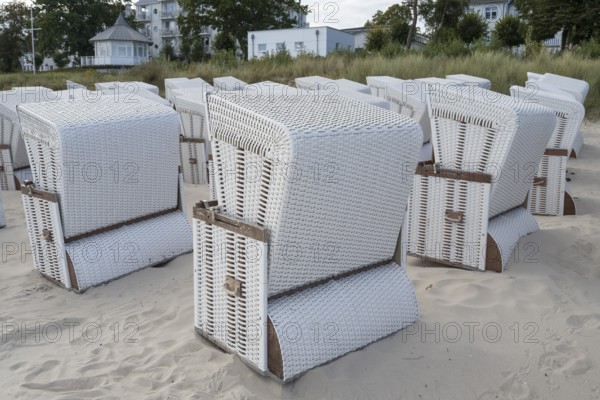 Beach chairs set up for transport to winter quarters, sandy beach, Baltic Sea, Binz, seaside resort, Rügen island, Mecklenburg-Western Pomerania, Germany