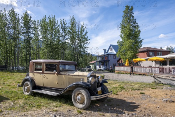 Vintage car and historic building, McCarthy, Wrangell St. Elias National Park, Alaska, USA