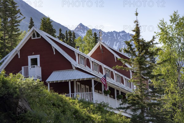 Red Kennicott Buildings in a Mountain Landscape, Historic Kennecott Copper Mine, National Historic Landmark, Wrangell St. Elias National Park, Alaska, USA