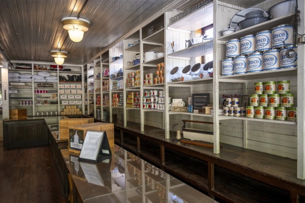 Interior view, historic restored Kennicott shopping store with historic goods display, retro food cans, grocery store, historic Kennecott copper mine, National Historic Landmark, Wrangell St. Elias National Park, Alaska