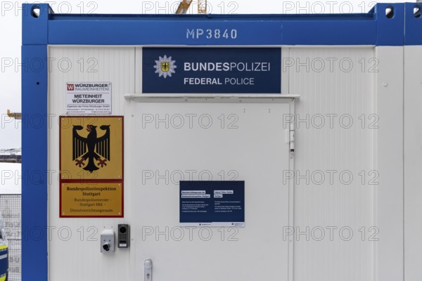 Federal police in Stuttgart Central Station. Because of the Stuttgart 21 construction site, the police are housed in a makeshift service room. Stuttgart, Baden-Württemberg, Germany