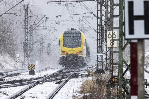 Regional train from Arverio on its way through a winter landscape in snowfall. The railcar train is painted by the Baden-Württemberg mobility brand bwegt. A train on the line in the Deutsche Bahn AG rail network. Amstetten, Baden-Württemberg, Germany