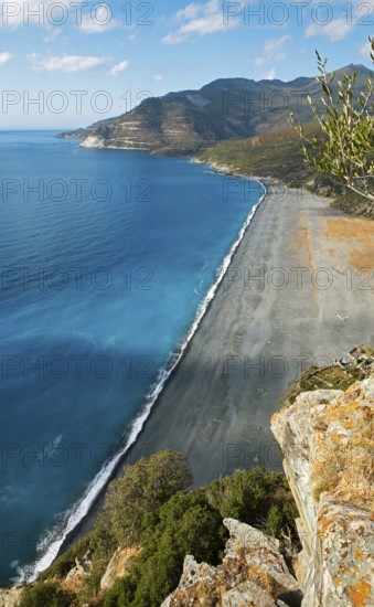 Black pebble beach Plage de Nonza or Plage Negro, Cap Corse, Haute-Corse Department, Corsica, Mediterranean Sea, France