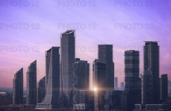 Scenic Etobicoke skyline of newly built condos and businesses near Gardiner Highway and downtown Toronto Ontario lake