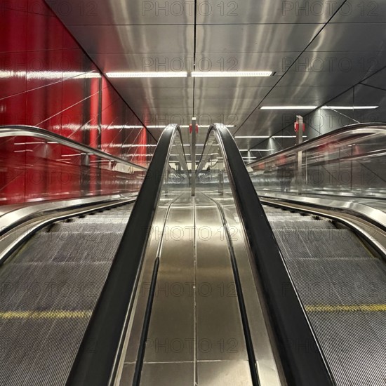 Artwork titled Three Model Spaces by Ralf Brög, escalators at Heinrich-Heine-Allee subway station, Düsseldorf, Germany
