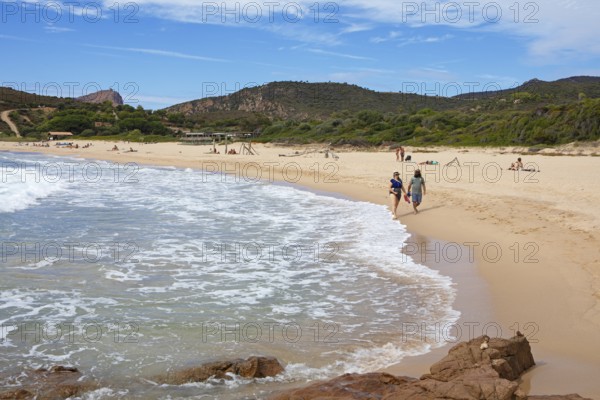 Plage d'Arone sandy beach, Capo Rosso and the Genoese Tower in the back, Piana, Corse-du-Sud department, west coast, Corsica, Mediterranean, France