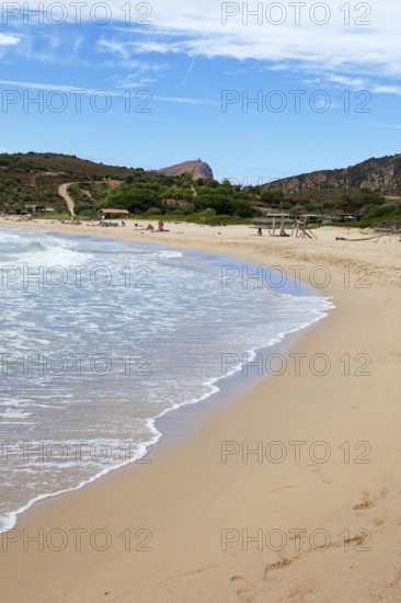 Plage d'Arone sandy beach, Capo Rosso and the Genoese Tower in the back, Piana, Corse-du-Sud department, west coast, Corsica, Mediterranean, France