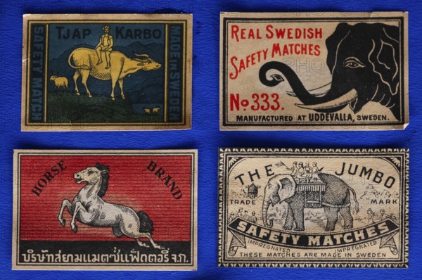 Matchboxes with old label design and different motifs, Tändsticksmuseet matchstick museum or match museum, Jönköping, Jönköpings län, Sweden
