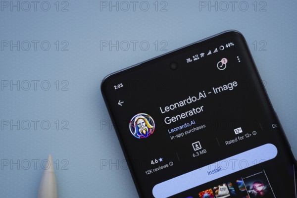 Dhaka, Bangladesh- 29 May 2025: On a blue surface, a smartphone displays the Leonardo AI app within the Google Play Store
