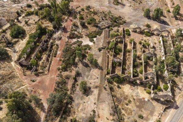 Ruins of former workshop halls, Mina de Sao Domingos, historic copper open-pit mine, aerial view, Portugal