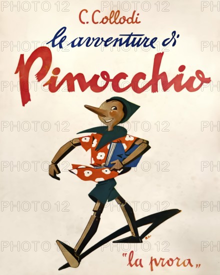 Front cover of the fairy tale novel The Adventures of Pinocchio, 1945, by Carlo Lorenzini, 1826 – 1890, better known by the pen name Carlo Collodi, Italian author, humourist, and journalist