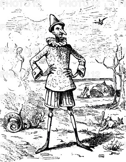 Front cover of the first edition 1883 by Enrico Mazzanti, fairy tale novel The Adventures of Pinocchio by Carlo Lorenzini, 1826 – 1890, better known by the pen name Carlo Collodi, Italian author, humourist, and journalist
